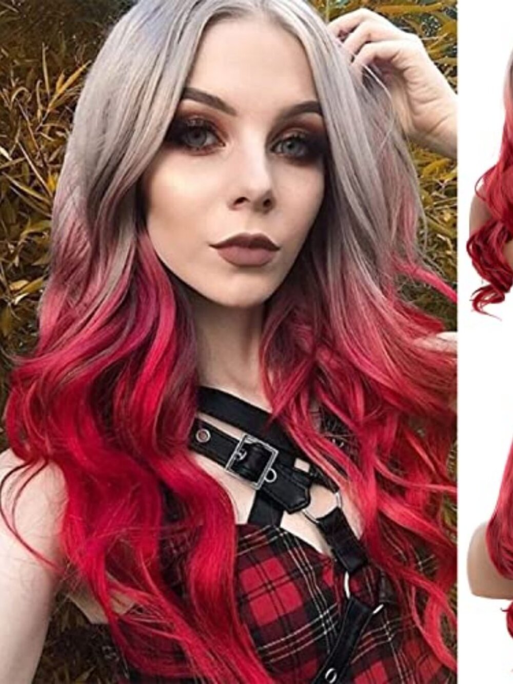 Long Curly Wavy Silver Grey to Red Wig Middle Part Natural Looking Synthetic